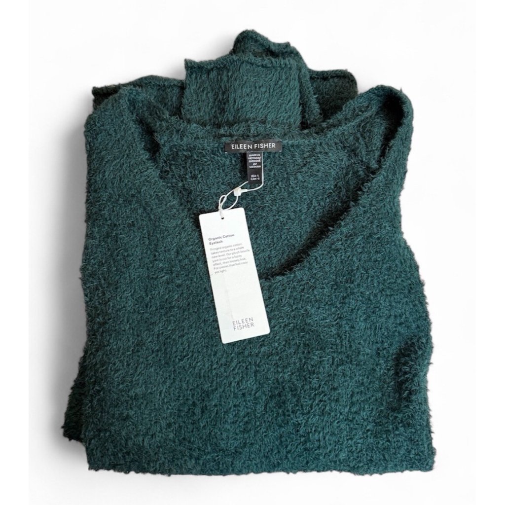 Eileen Fisher Xl Pine Organic Cotton Eyelash V-Neck Sweater $278 Nwt Cozy